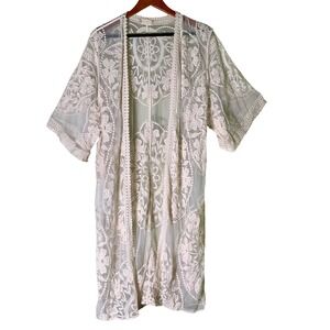 Altar'd State Cream Floral Embroidered Lace Sheer Duster Cardigan Kimono XS Boho